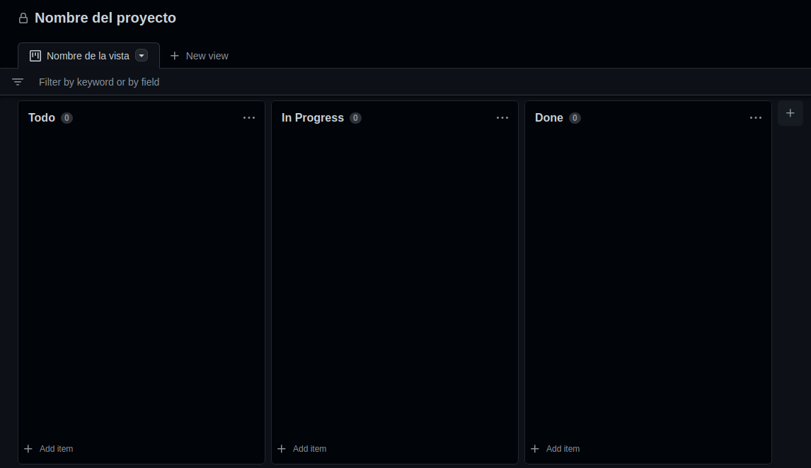 Ejemplo de vista tablero de un nuevo proyecto