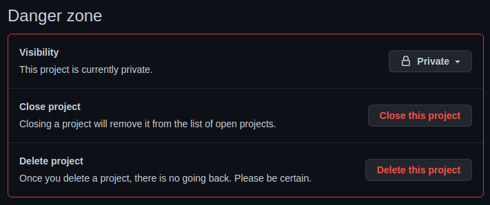 Sección *Danger zone* del proyecto